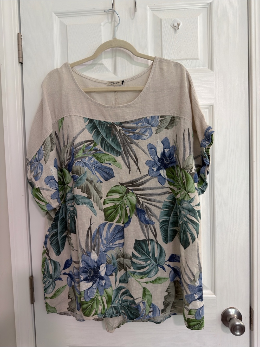Lungo L'Arno Beige Floral 100%Linen Cotton Ruffle Scoop Neck Top Short Sleeve 3X